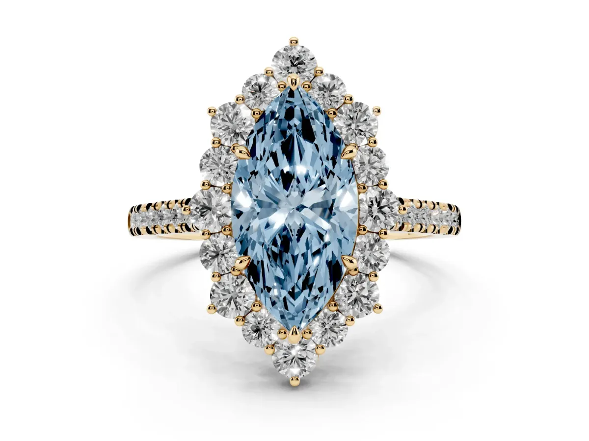 Fancy Blue Marquise Cut Halo Diamond Ring with Pavé Band and Prong Setting Yellow gold