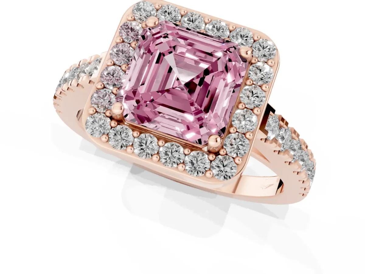 Fancy Pink Asscher Cut Diamond Halo Ring with Round Pavé Split Shank and Prong Setting Rose gold