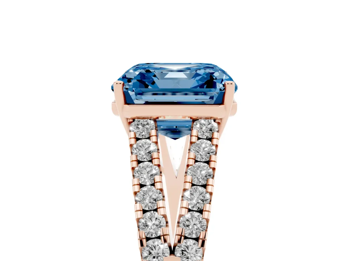 Fancy Blue Asscher Cut Diamond Split Shank Pavé Engagement Ring with Four-Prong Setting Rose gold