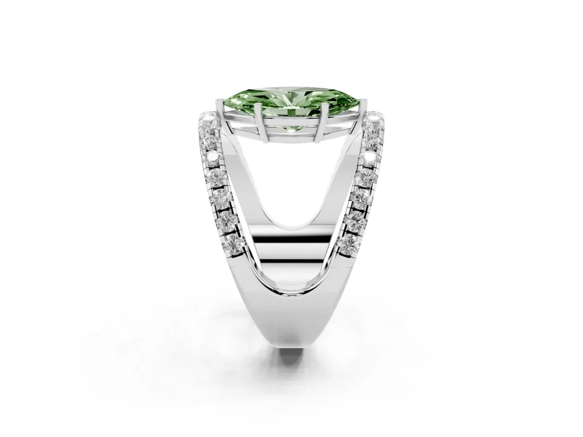 Fancy Green Marquise Cut Solitaire Split Shank Pave Diamond Ring Silver