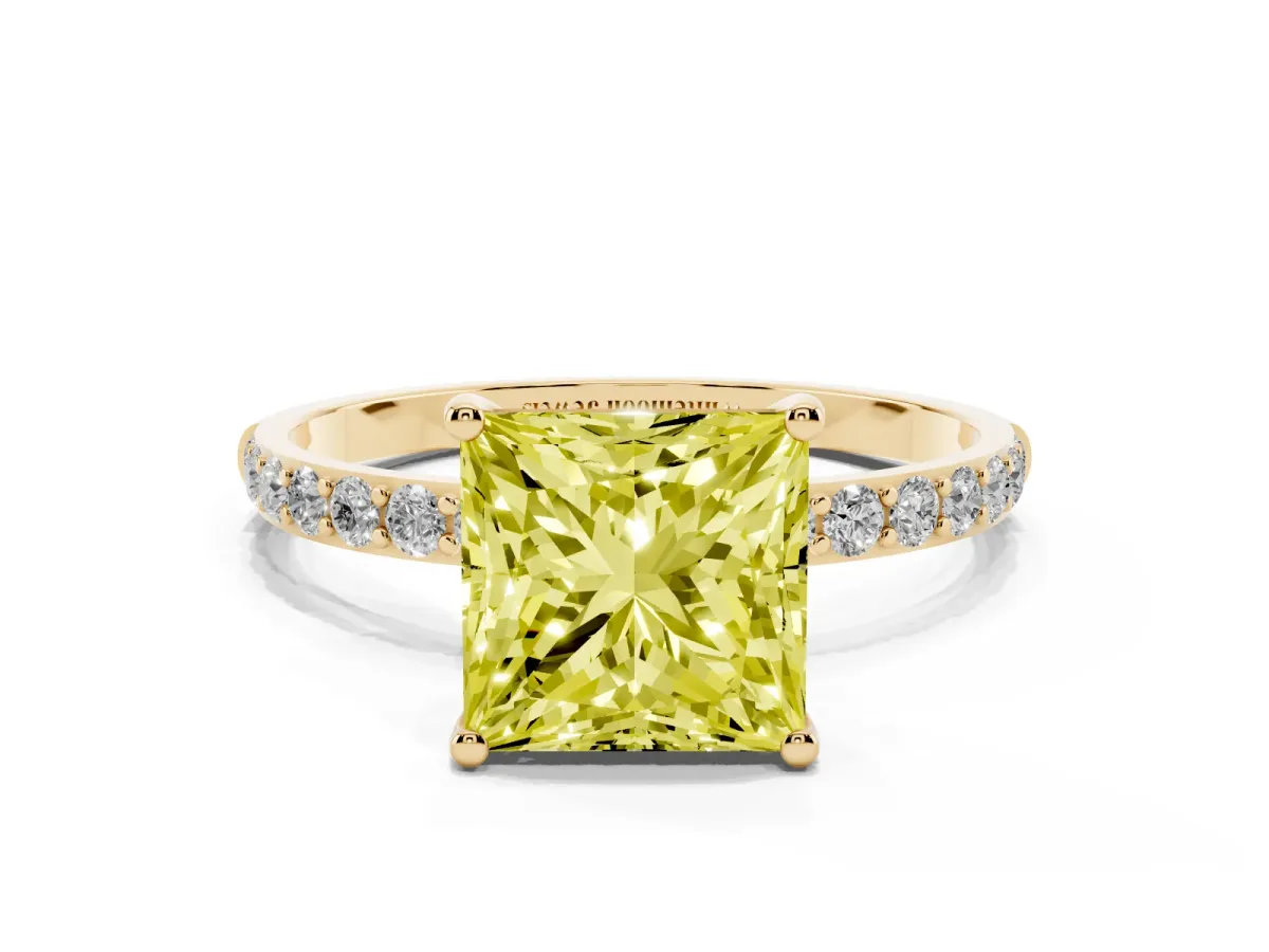 Fancy Yellow Princess Cut Diamond Solitaire Ring with Round Pavé Shoulders and Prong Setting Yellow gold