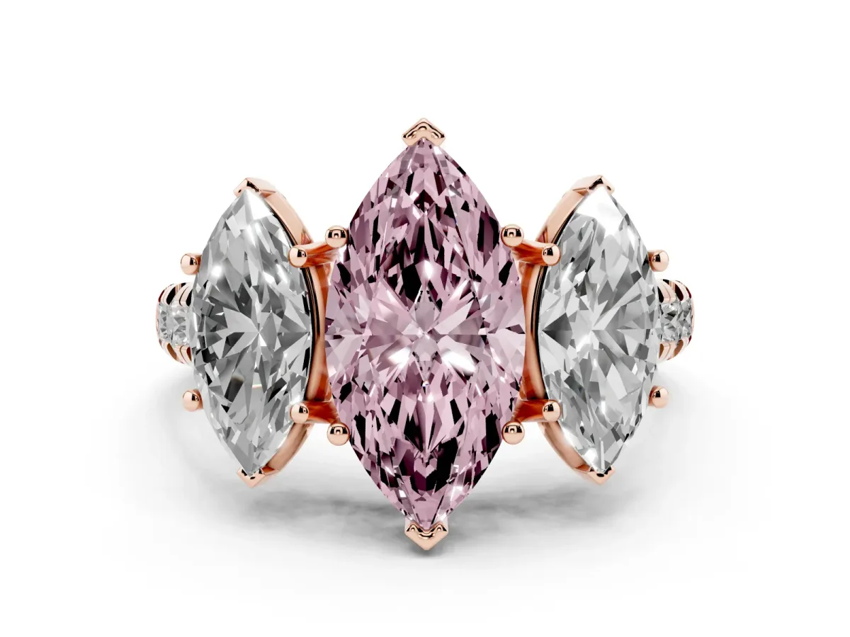 Fancy Pink Three-Stone Marquise Cut Diamond Pavé Band with Prong Setting Rose gold