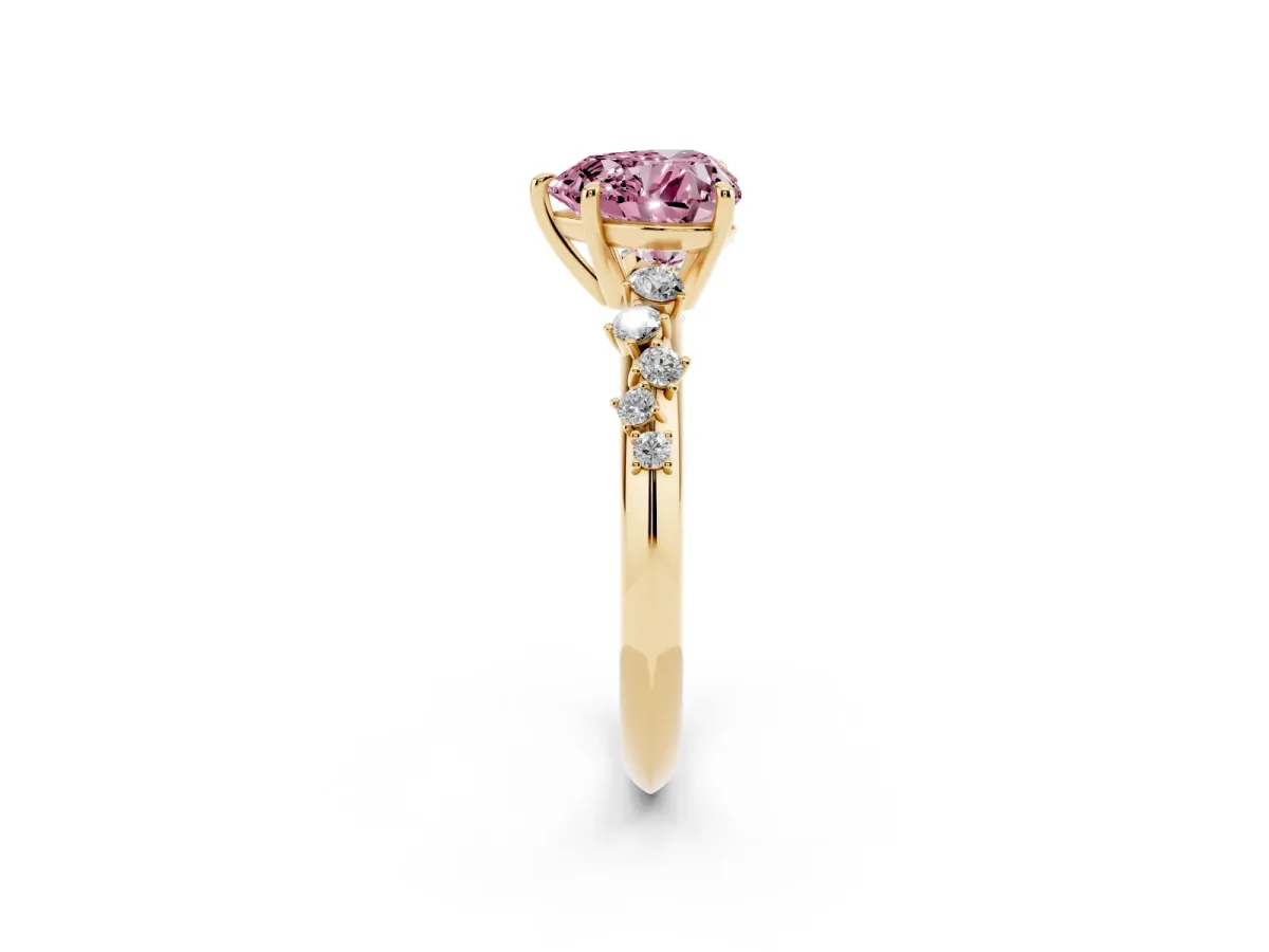 Fancy Pink Heart Cut Diamond Cluster Side Stone Solitaire Ring with Prong Setting Yellow gold