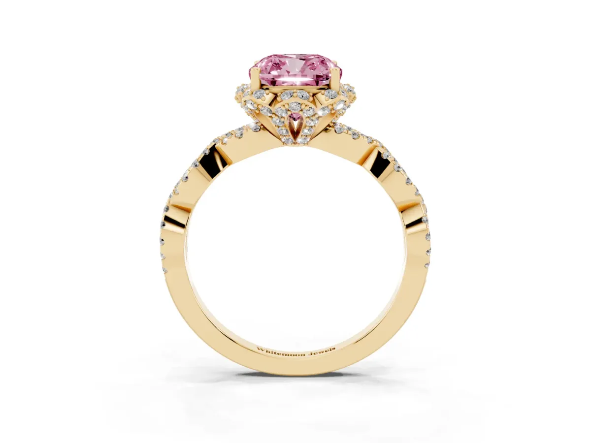 Fancy Pink Cushion Cut Halo Twist Band Solitaire Ring with Six-Prong Setting Yellow gold