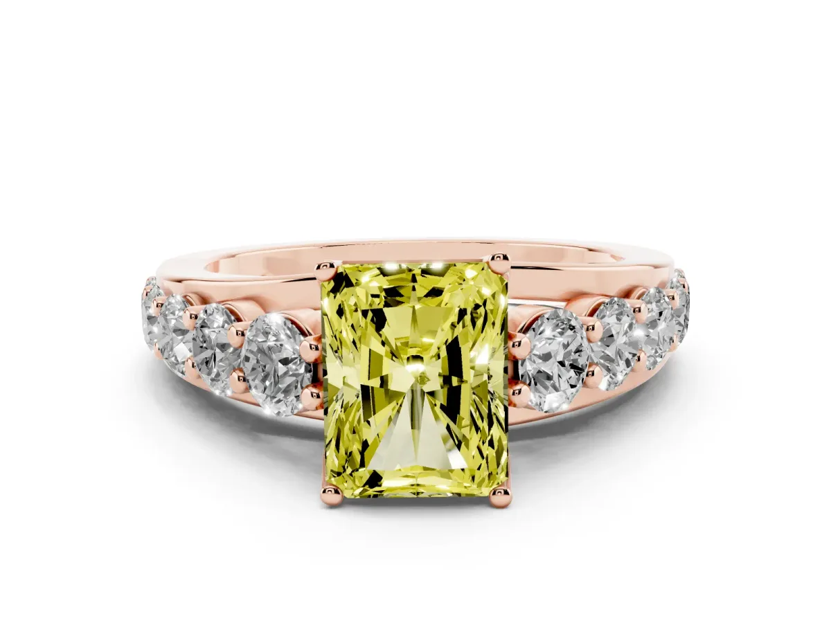 Fancy Yellow Radiant Cut Diamond Engagement Ring with Pavé Band and Four-Prong Setting Rose gold