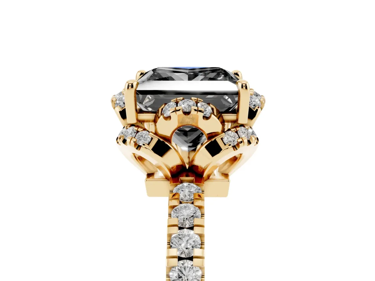 Fancy Black Princess Cut Diamond Halo Pave Band with Four-Prong Setting Yellow gold
