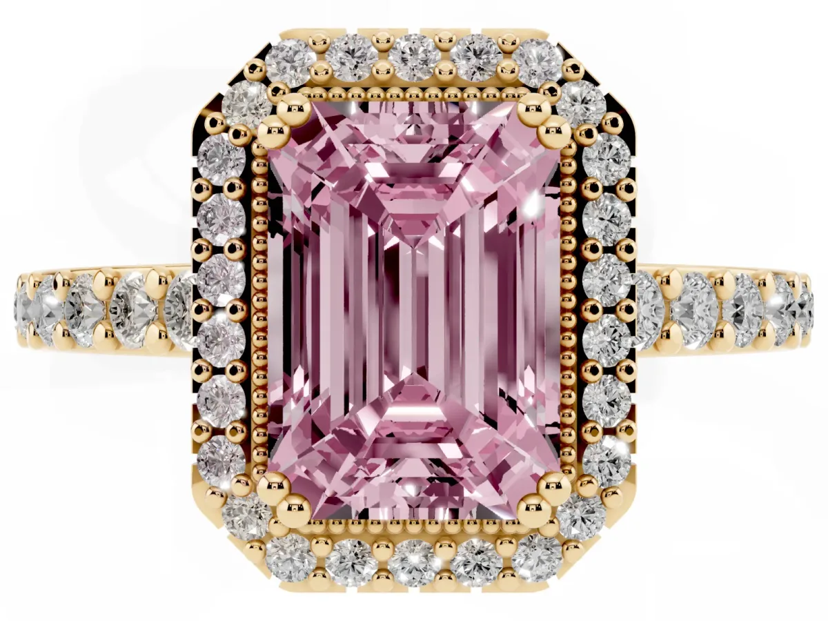 Fancy Pink Emerald Cut Cut Diamond Halo Engagement Ring with Milgrain Detail and Pavé Band Yellow gold