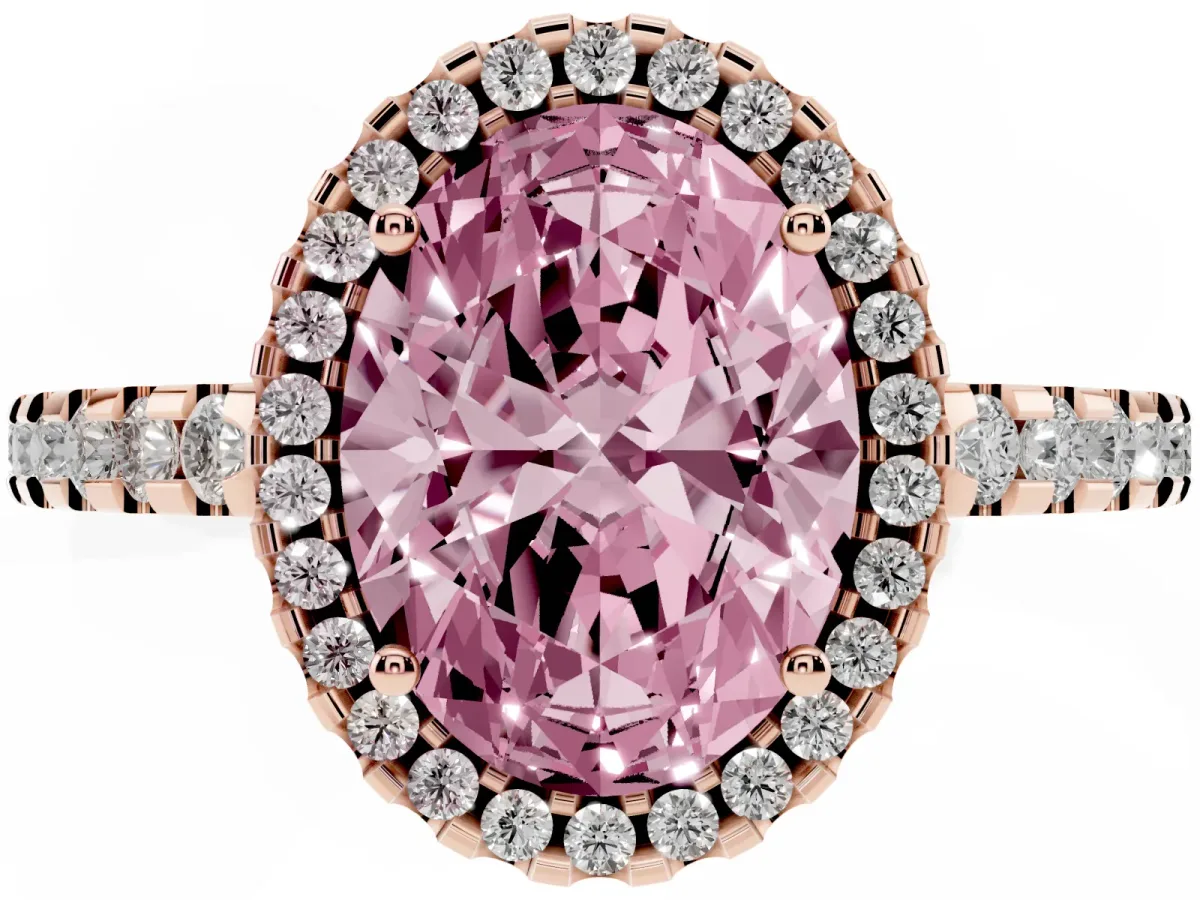 Fancy Pink Oval Cut Diamond Halo Engagement Ring with Pavé Band and Prong Setting Rose gold
