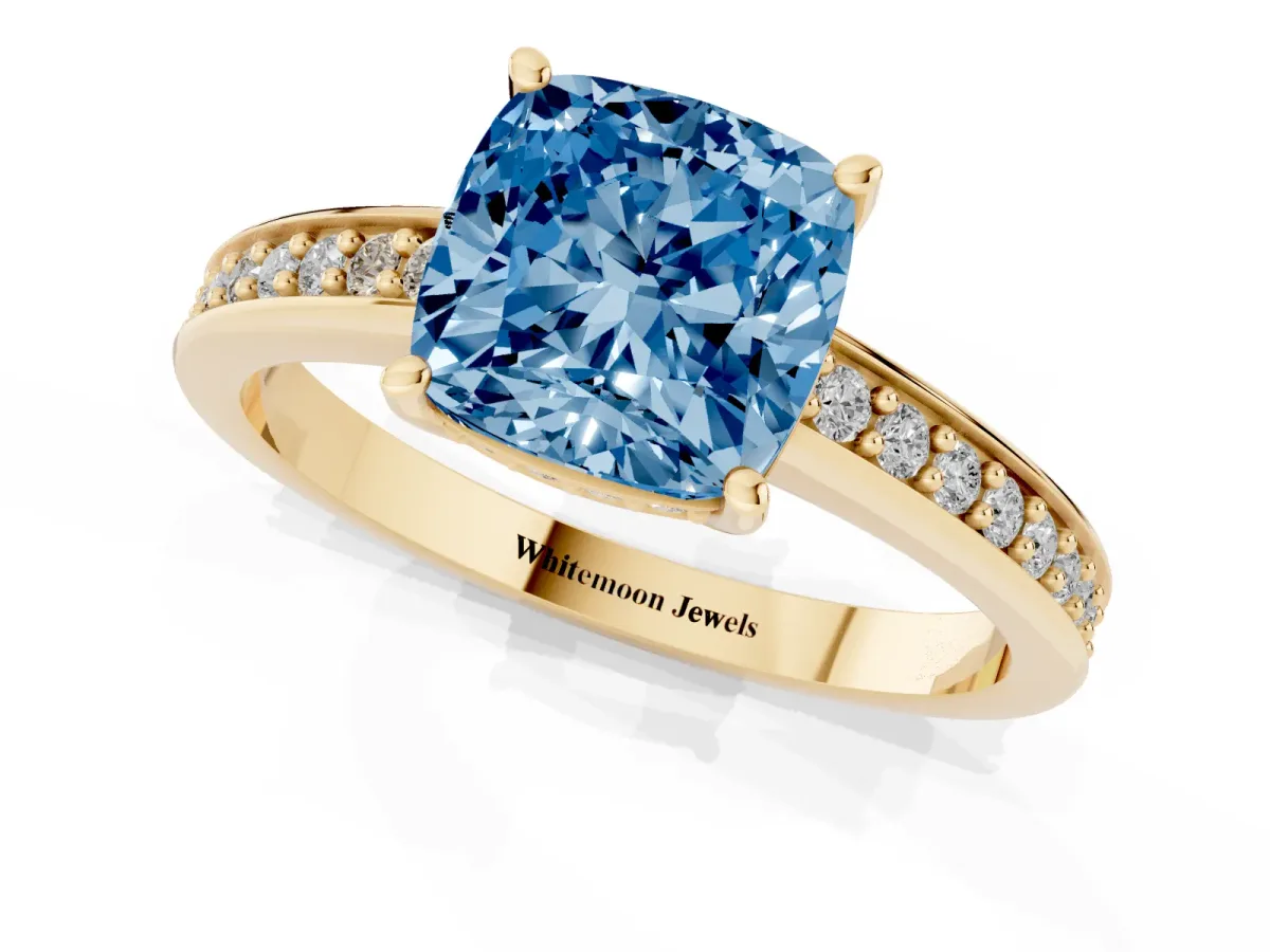 Fancy Blue Cushion Cut Solitaire Pavé Band Prong Setting Ring Yellow gold