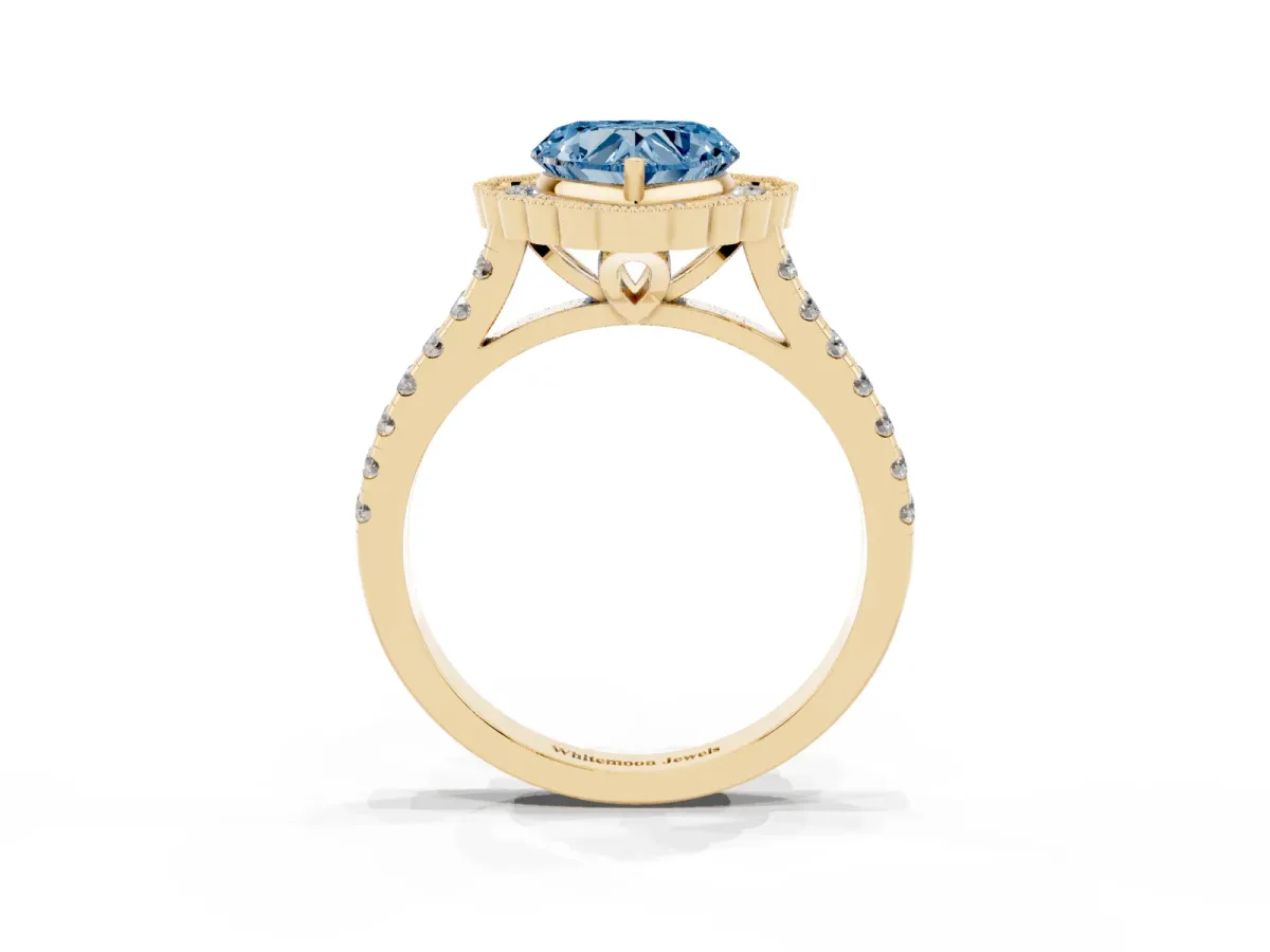 Fancy Blue Heart Cut Cut Diamond Milgrain Floral Halo Engagement Ring with Pavé Band Yellow gold