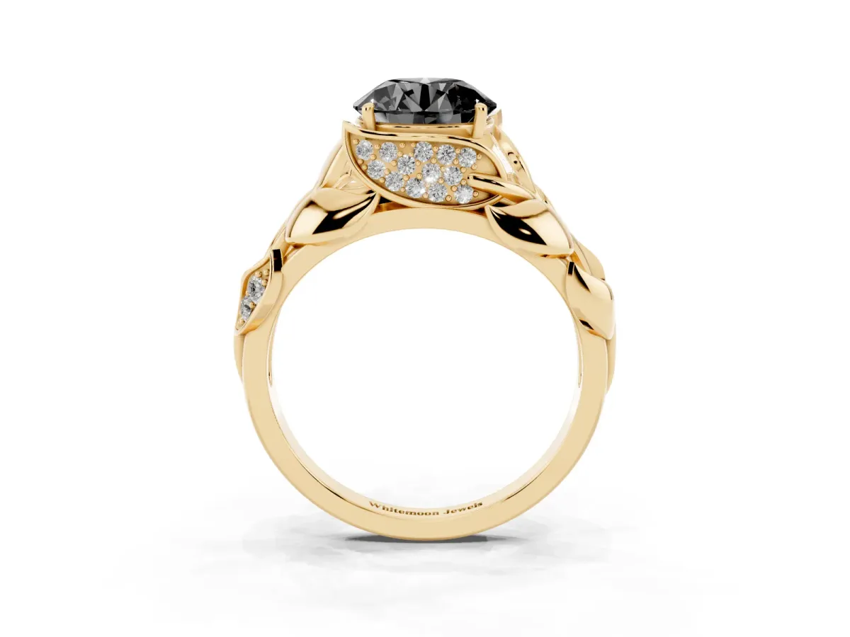 Fancy Black Round Cut Diamond Leaf-Inspired Engagement Ring with Round Accents and Prong Setting Yellow gold