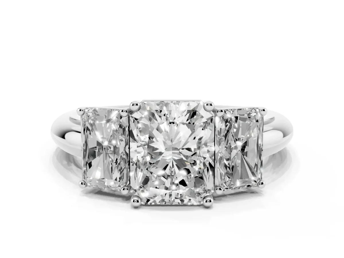 Three-Stone Radiant Cut Cut Diamond Engagement Ring with Prong Setting on a White Gold Band Platinum