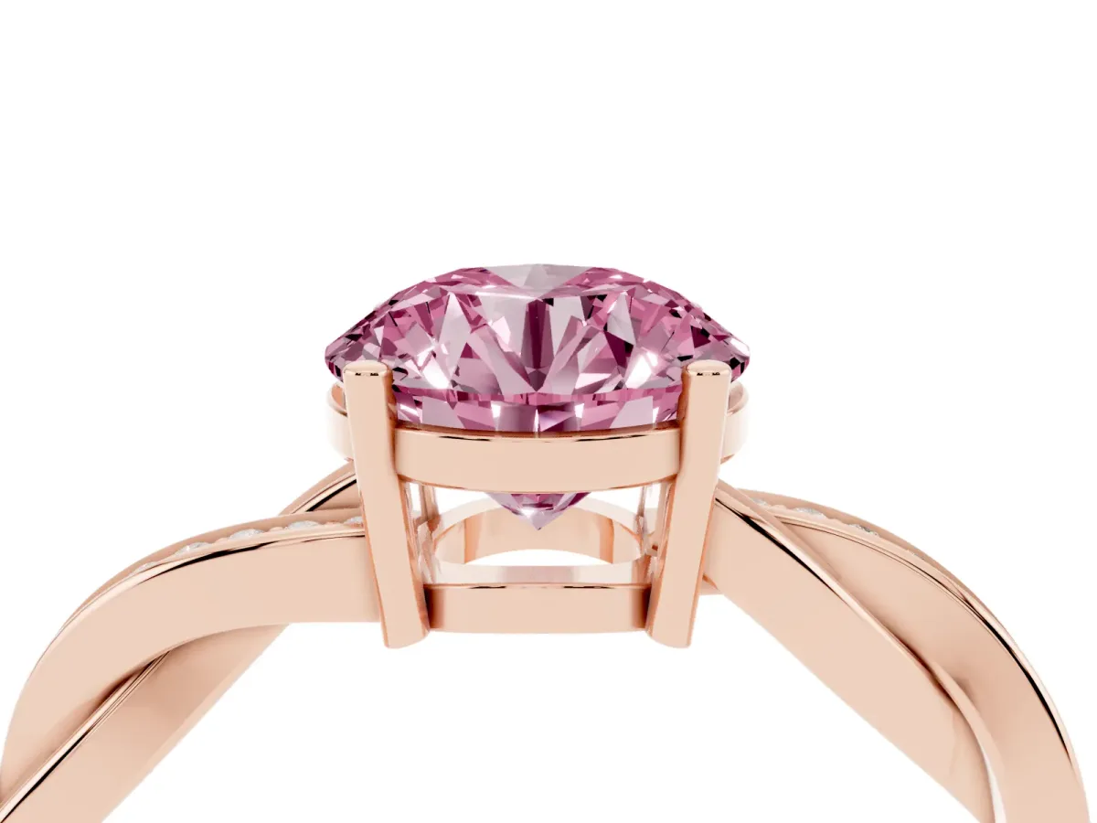 Fancy Pink Round Cut Solitaire Twisted Pave Diamond Ring with Four-Prong Setting Rose gold