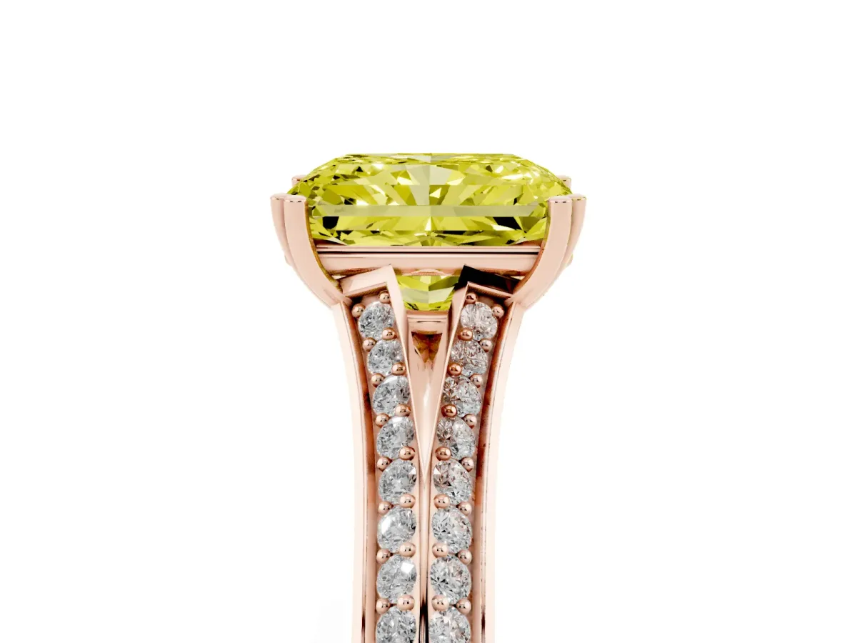 Fancy Yellow Radiant Cut Diamond Split Shank Engagement Ring with Pavé Band Rose gold