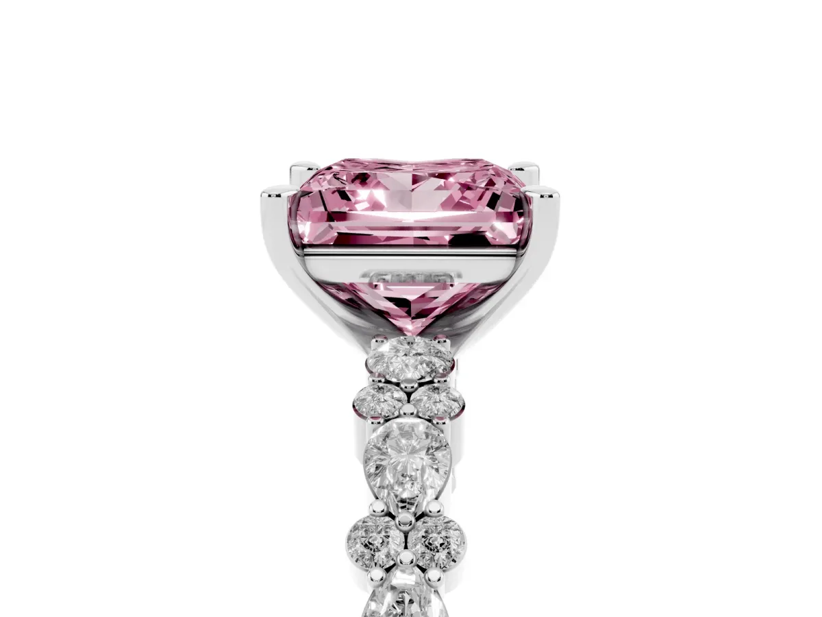 Fancy Pink Princess Cut Diamond Side Stone Solitaire Ring with Round and Four-Prong Setting Silver