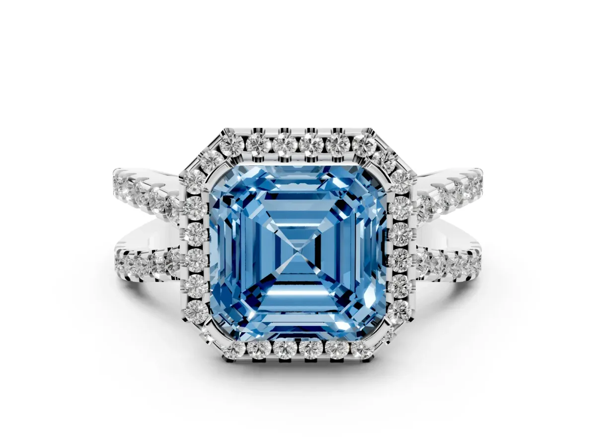 Fancy Blue Asscher Cut Diamond Halo Ring with Split Shank Pavé Band and Prong Setting Silver