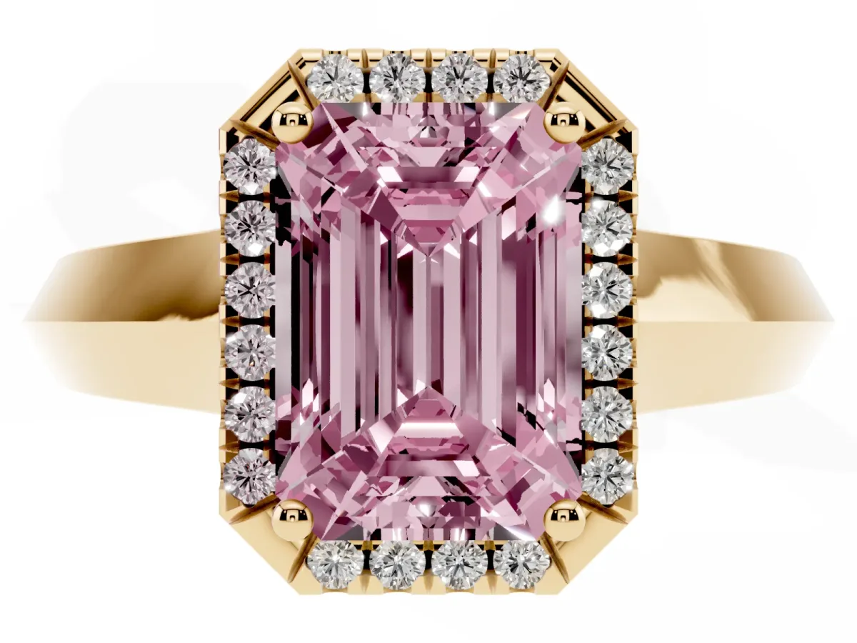 Fancy Pink Emerald Cut Halo Diamond Ring with Cathedral Band and Four-Prong Setting Yellow gold