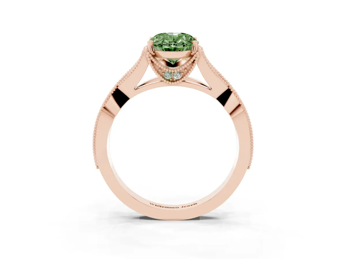 Fancy Green Oval Cut Cut Diamond Twisted Band with Milgrain Pave Setting and Four-Prong Setting Rose gold
