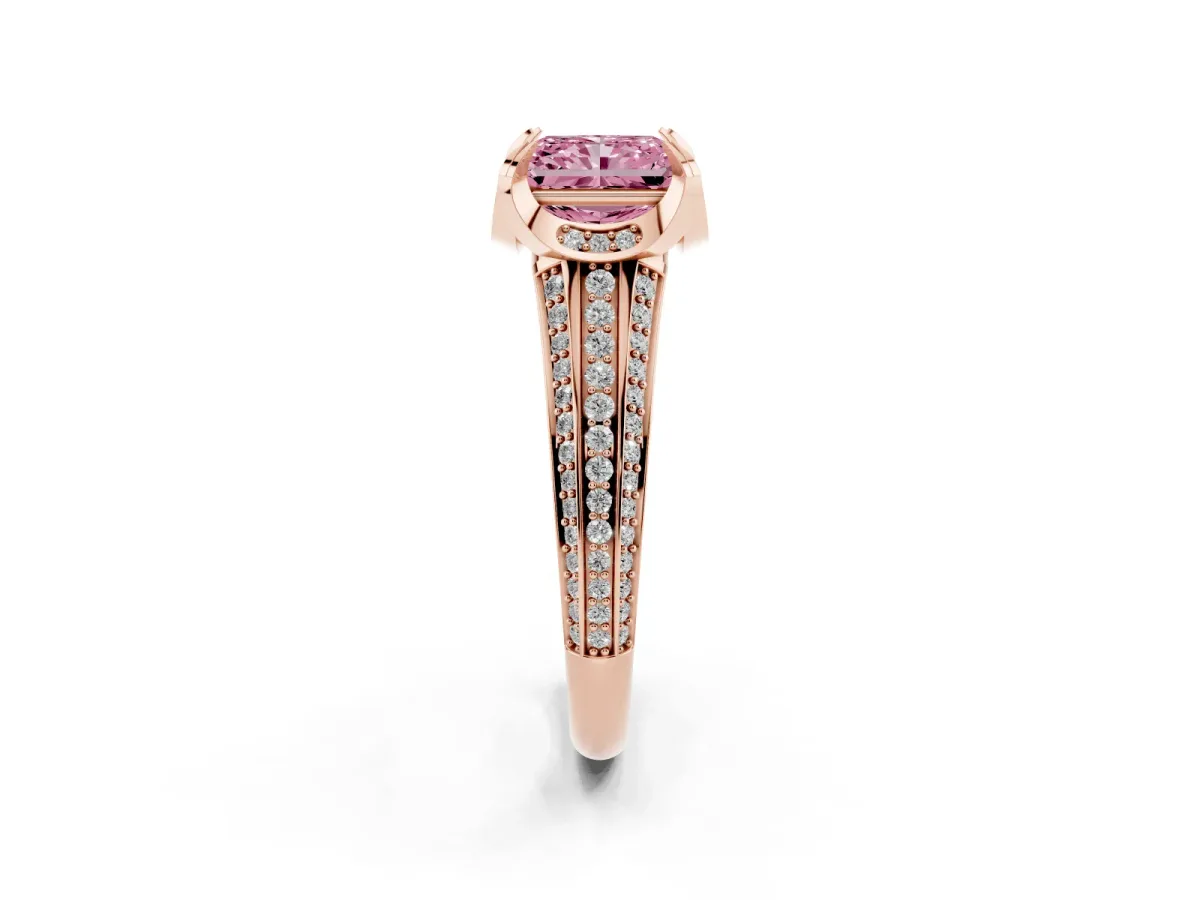 Fancy Pink Radiant Cut Solitaire Pave Split Shank Ring with Four-Prong Setting Rose gold