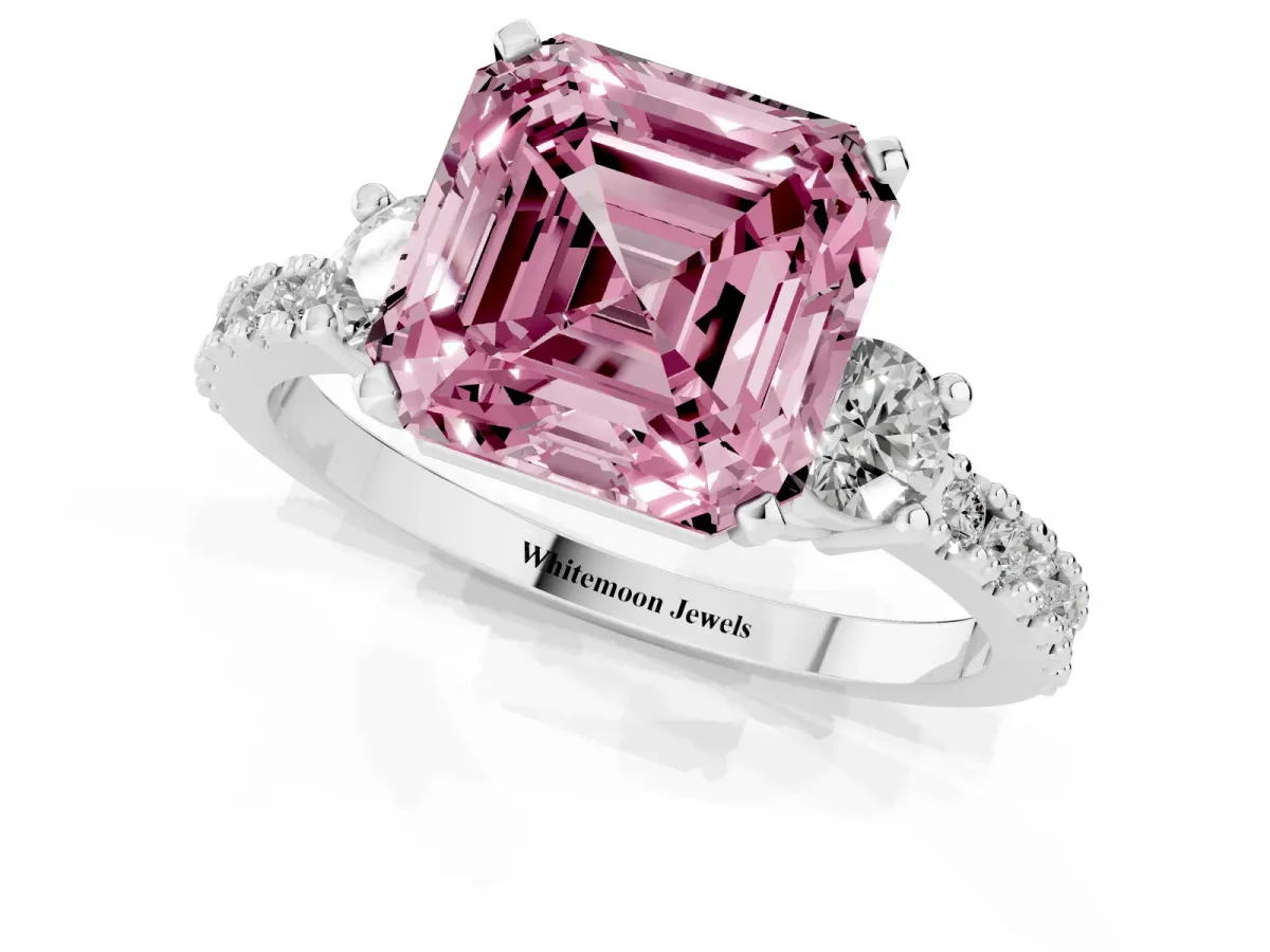 Fancy Pink Asscher Cut Three-Stone Diamond Pavé Band with Prong Setting Silver