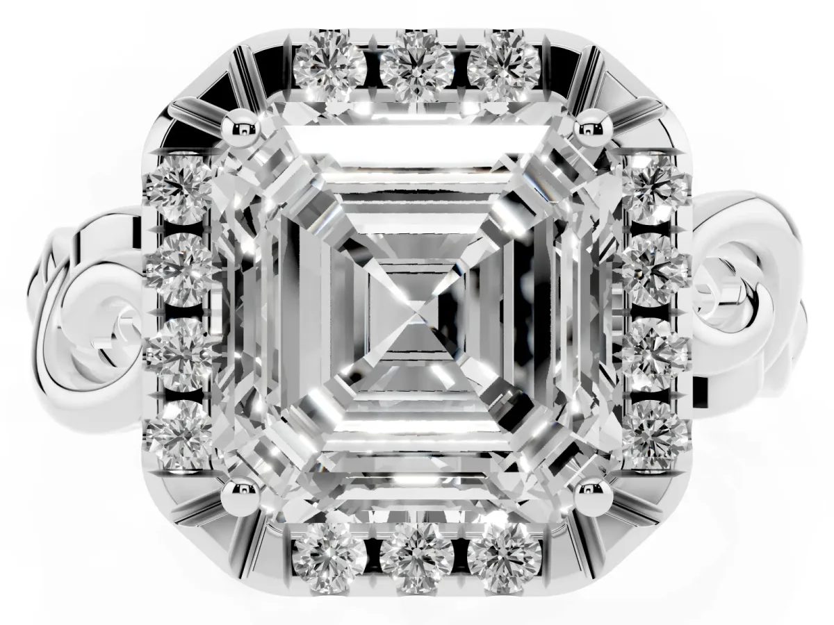 Asscher Cut Cut Halo Diamond Ring with Scrollwork Band and Four-Prong Setting Silver