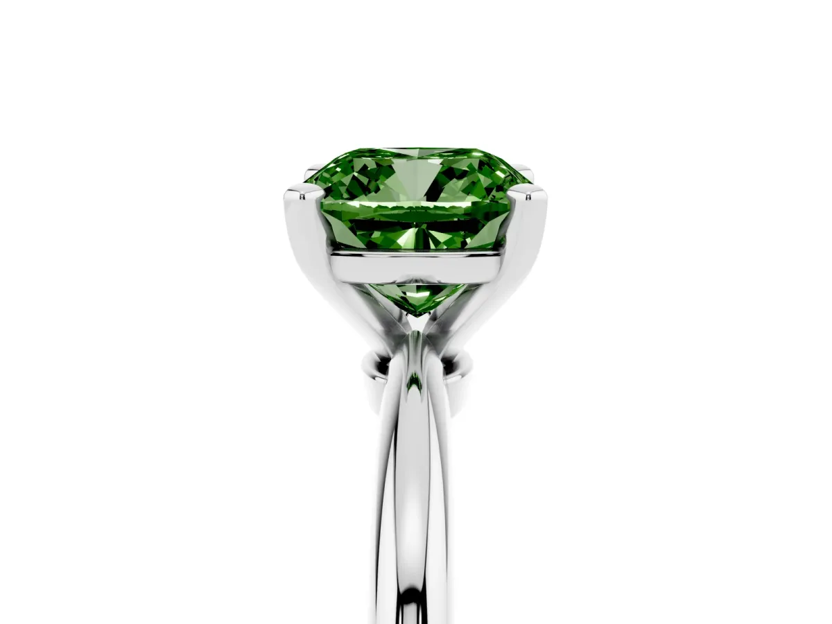 Fancy Green Cushion Cut Diamond Solitaire Ring with Prong Setting and Classic Band Silver