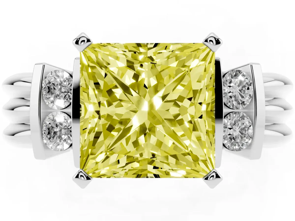 Fancy Yellow Princess Cut Cut Three-Stone Channel Set Ring with Bar Prongs Silver