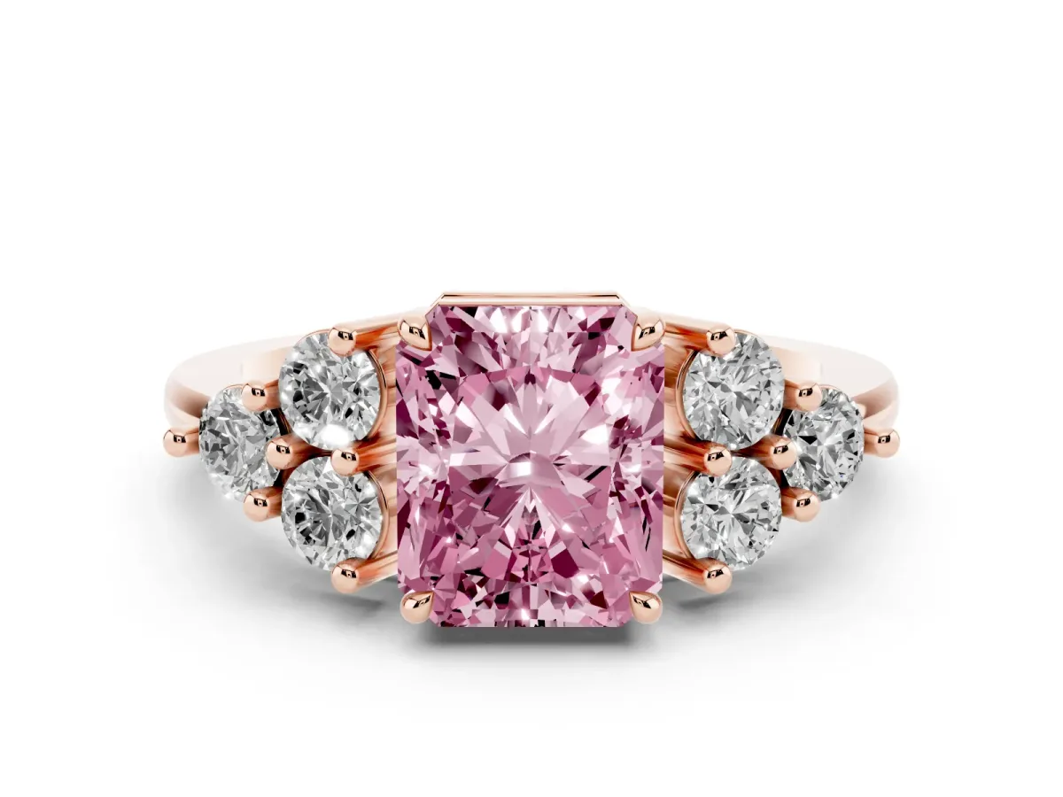 Fancy Pink Radiant Cut Brilliant Diamond Cluster Accent Solitaire Ring with Prong Setting Rose gold