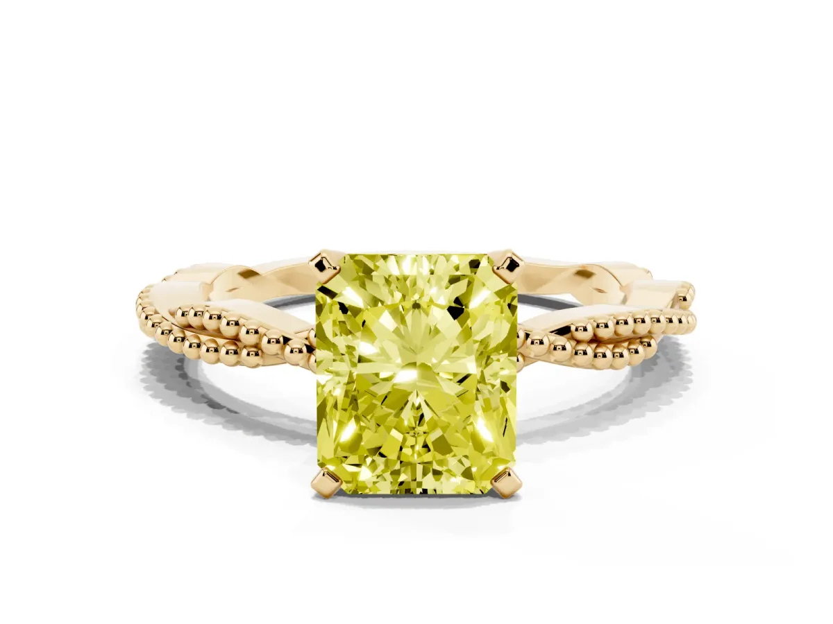 Fancy Yellow Radiant Cut Solitaire Twisted Band with Bead Prong Setting Yellow gold