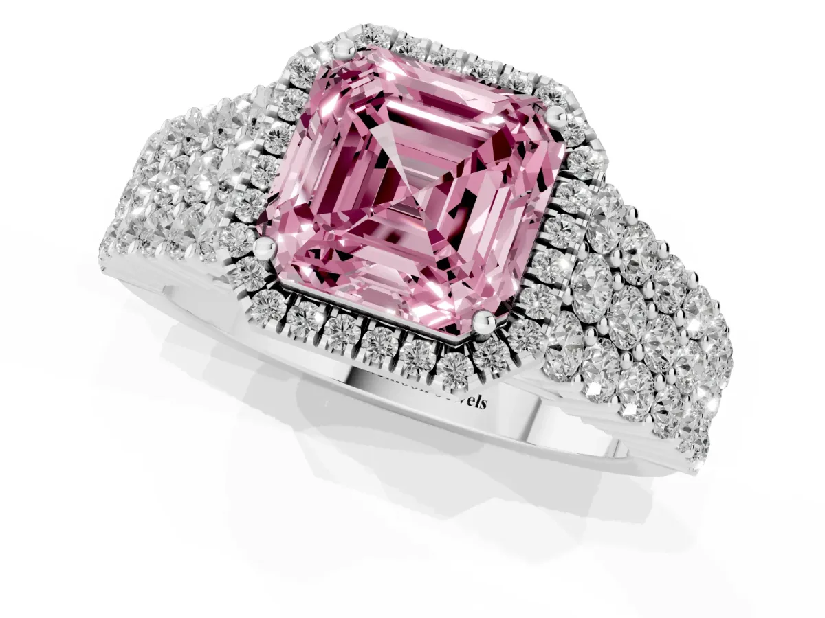 Fancy Pink Asscher Cut Diamond Halo Engagement Ring with Triple Row Round Pavé Band and Prong Setting Platinum