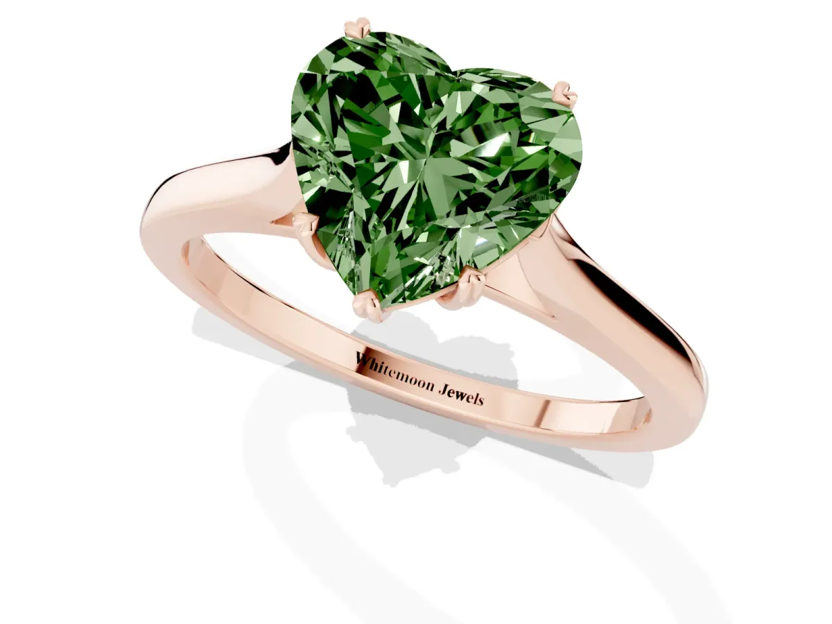 Fancy Green Heart Cut Solitaire Heart Prong Engagement Ring with Tapered Band Rose gold