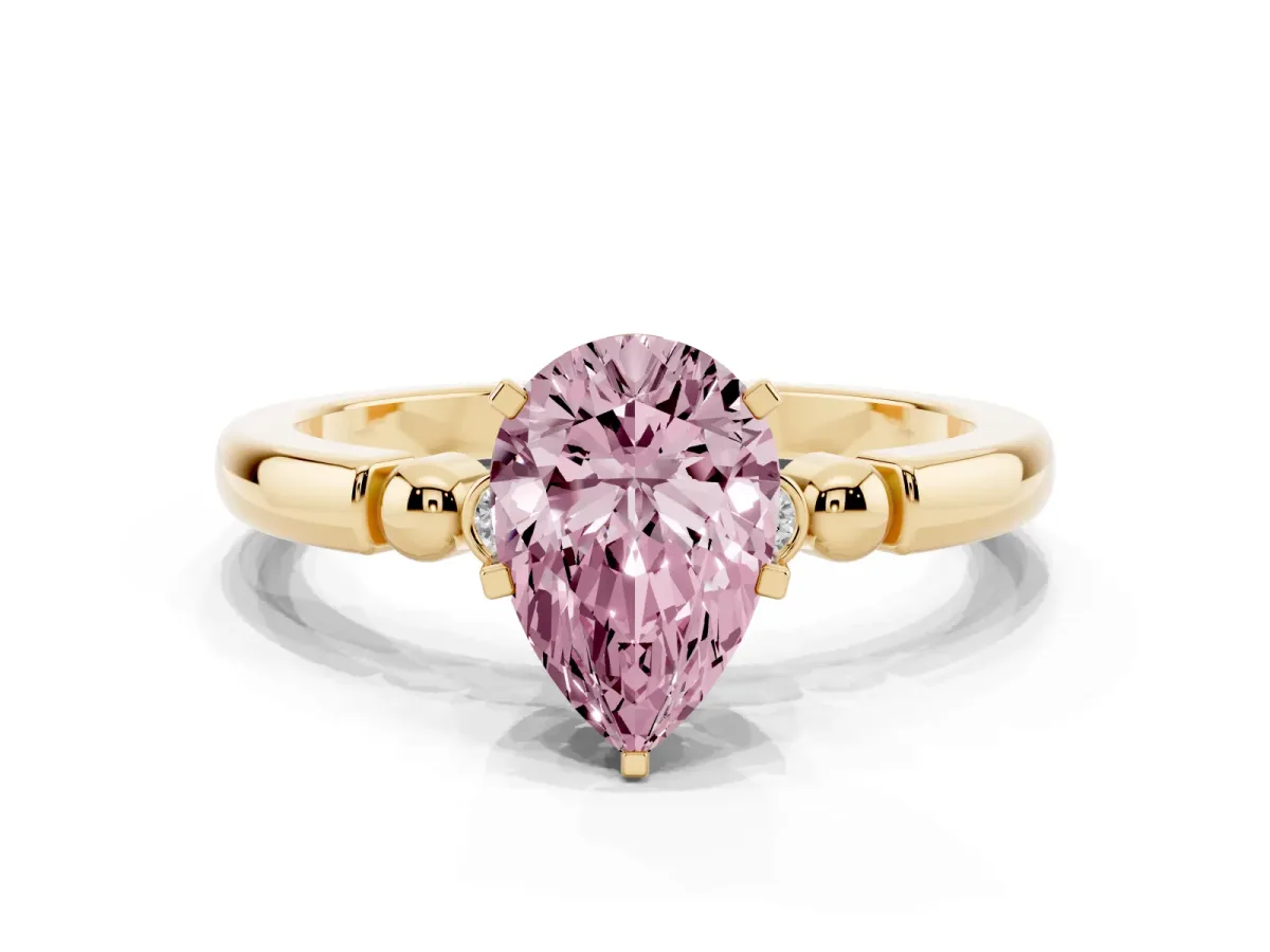 Fancy Pink Pear Cut Solitaire Beaded Band with Four-Prong Setting Yellow gold