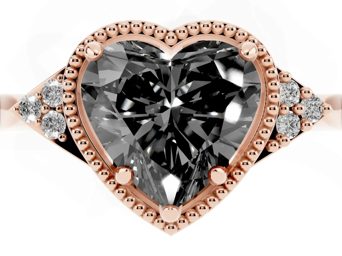 Fancy Black Hexagonal Halo Heart Cut Diamond Solitaire with Pavé Band and Four-Prong Setting Rose gold