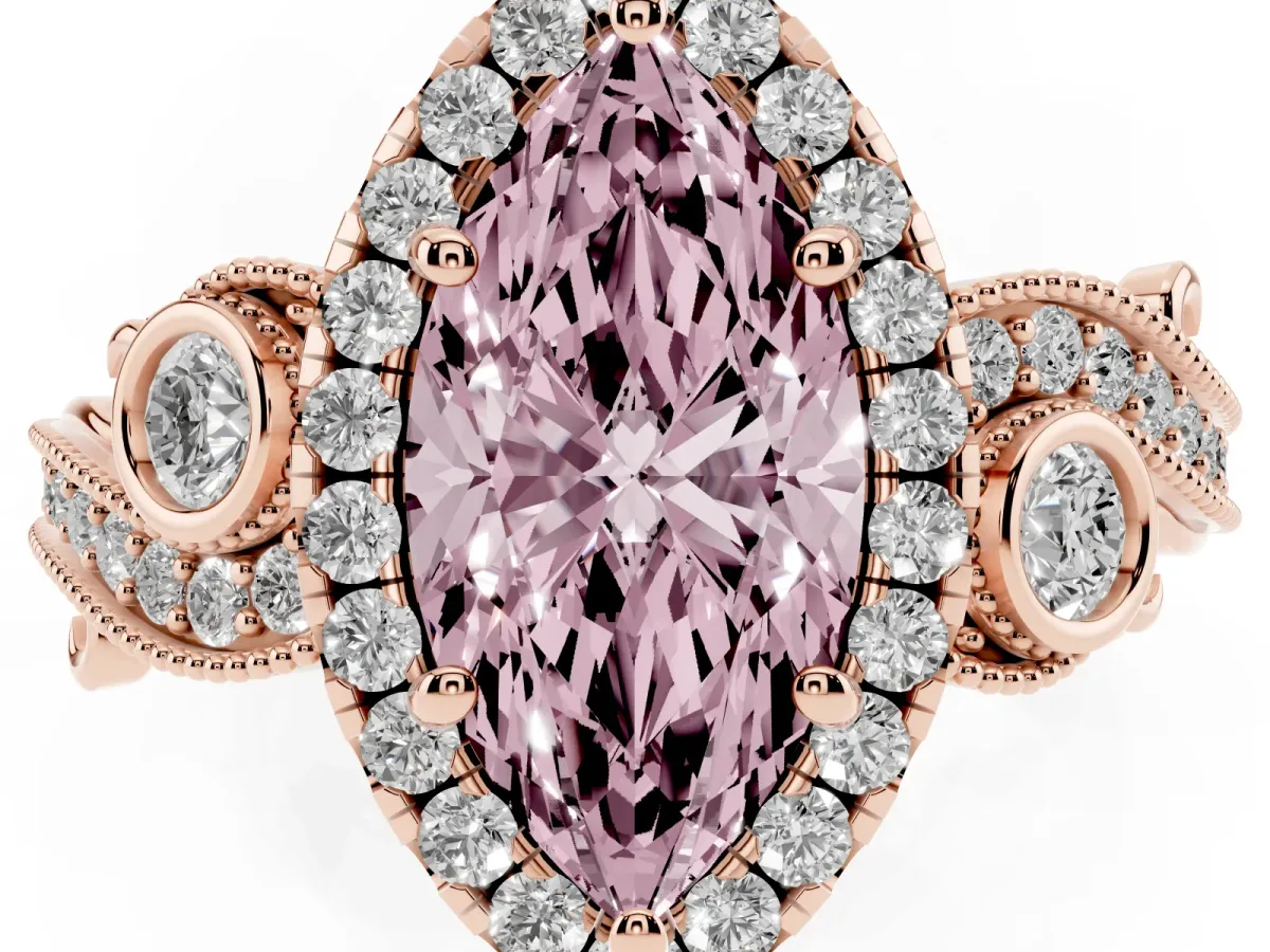 Fancy Pink Marquise Cut Diamond Halo Ring with Milgrain Pavé Band and Four-Prong Setting Rose gold