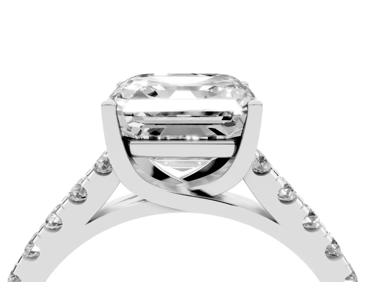 Asscher Cut Diamond Pavé Band Solitaire Ring with Prong Setting Silver