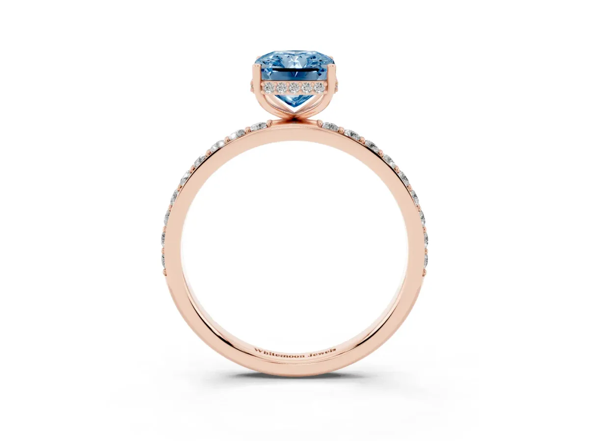 Fancy Blue Radiant Cut Diamond Solitaire Ring with Pavé Band and Hidden Halo Rose gold