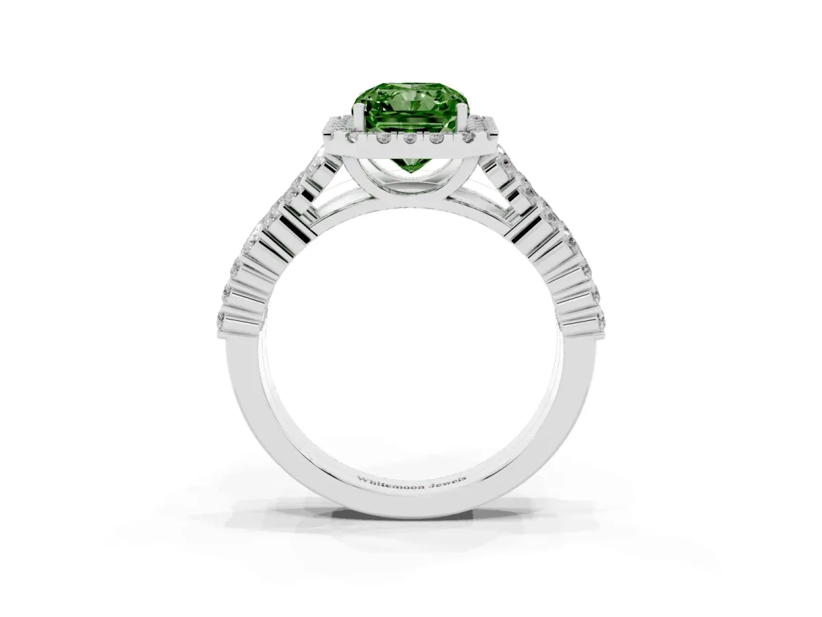 Fancy Green Radiant Cut Diamond Halo Engagement Ring with Triple Row Round Pavé Band and Prong Setting Silver