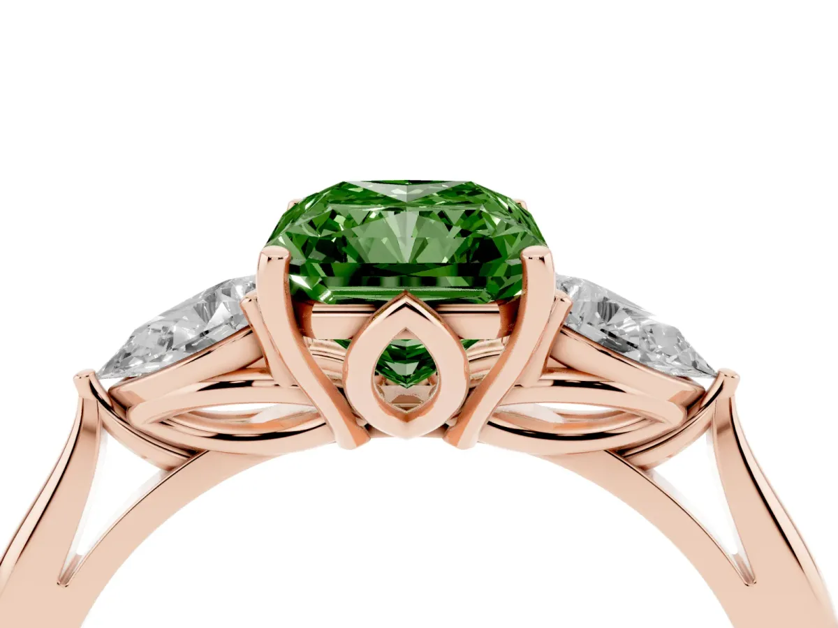 Fancy Green Radiant Cut Diamond Three-Stone Ring with Pear Side Stones and Prong Setting Rose gold
