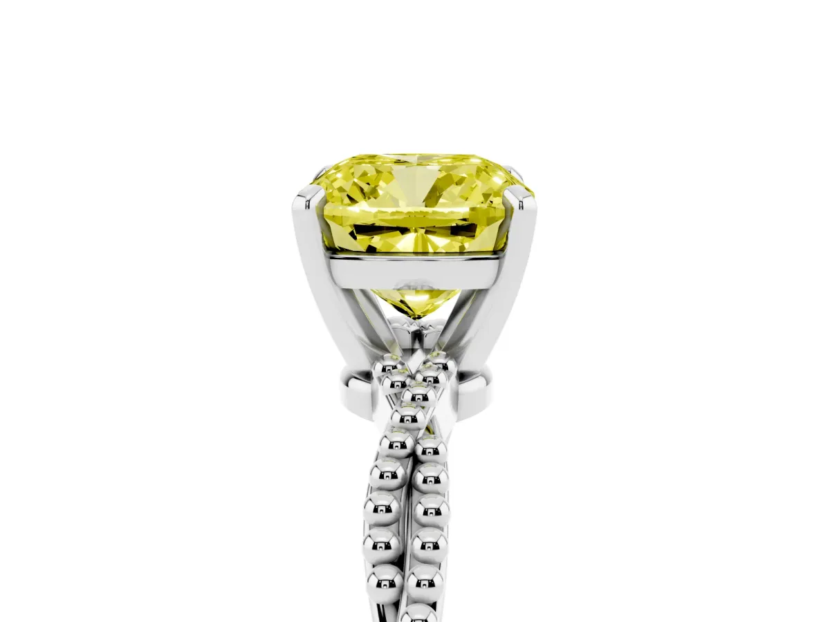 Fancy Yellow Cushion Cut Solitaire Twisted Band with Bead Prong Setting Platinum