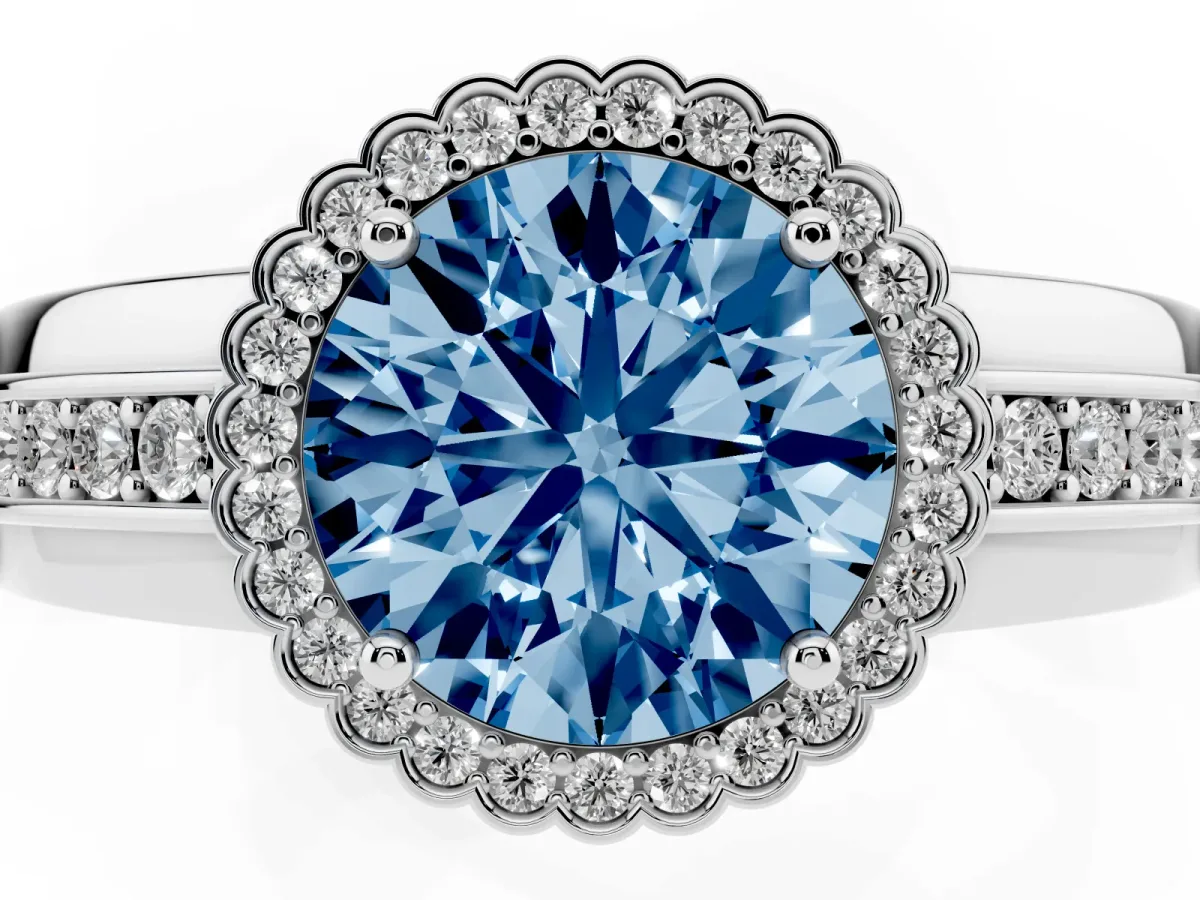 Fancy Blue Round Cut Cut Halo Pave Band Four-Prong Ring Silver