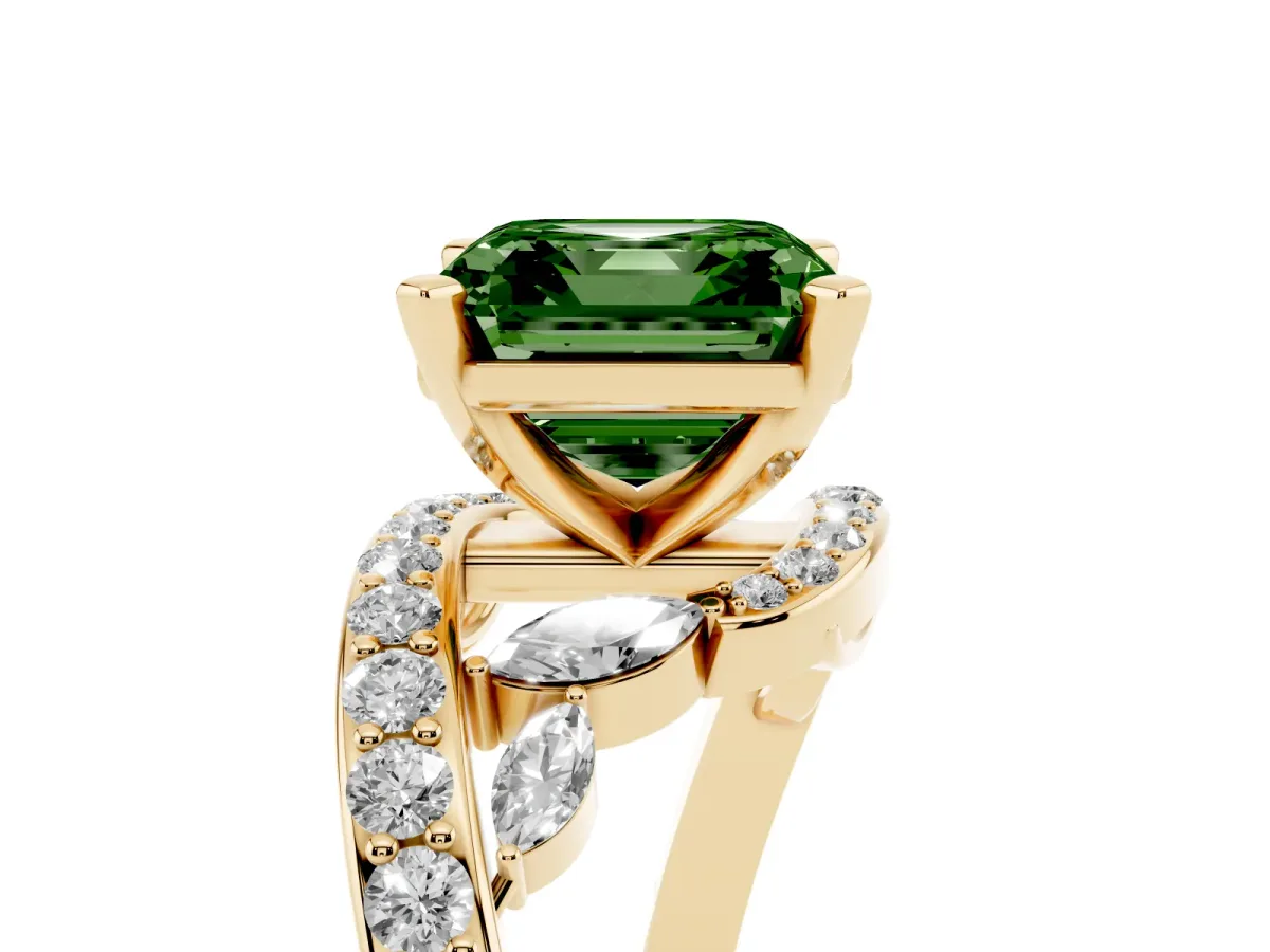 Fancy Green Asscher Cut Solitaire with Pavé Twist Band and Four-Prong Setting Yellow gold