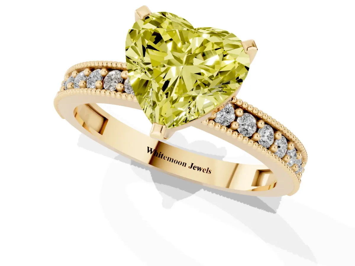 Fancy Yellow Heart Cut Diamond Milgrain Pavé Engagement Ring with Four-Prong Setting Yellow gold