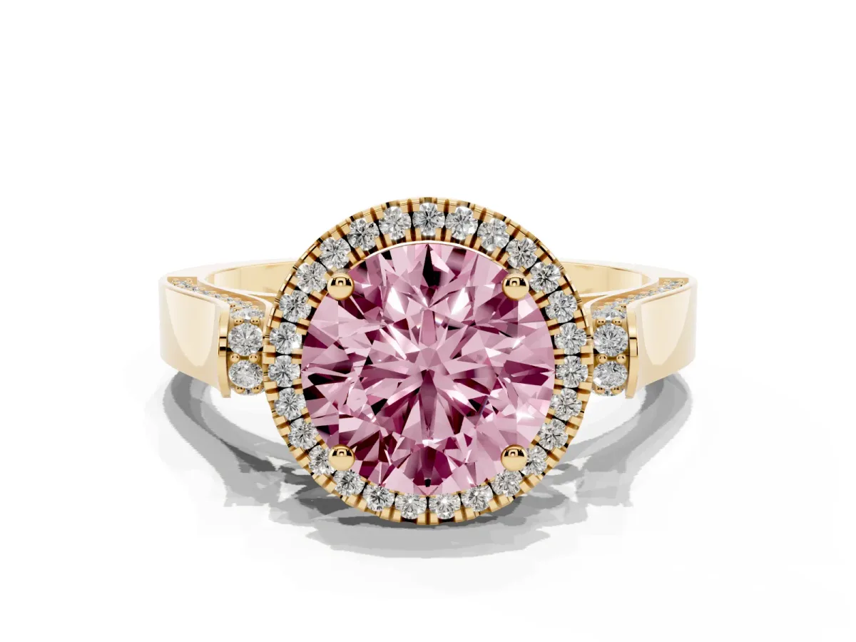 Fancy Pink Round Cut Halo Pave Split Shank Prong Setting Ring Yellow gold