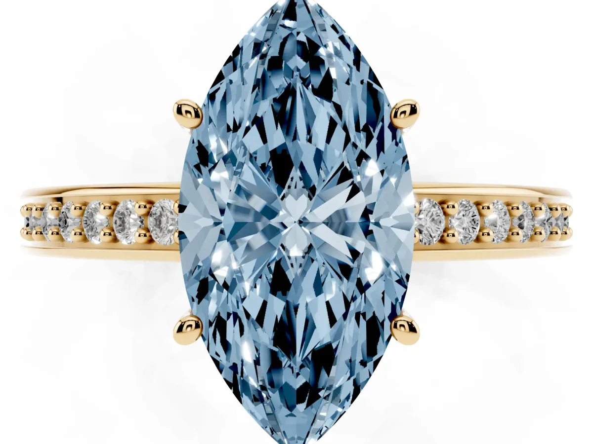 Fancy Blue Marquise Cut Solitaire Pavé Band Prong Setting Ring Yellow gold