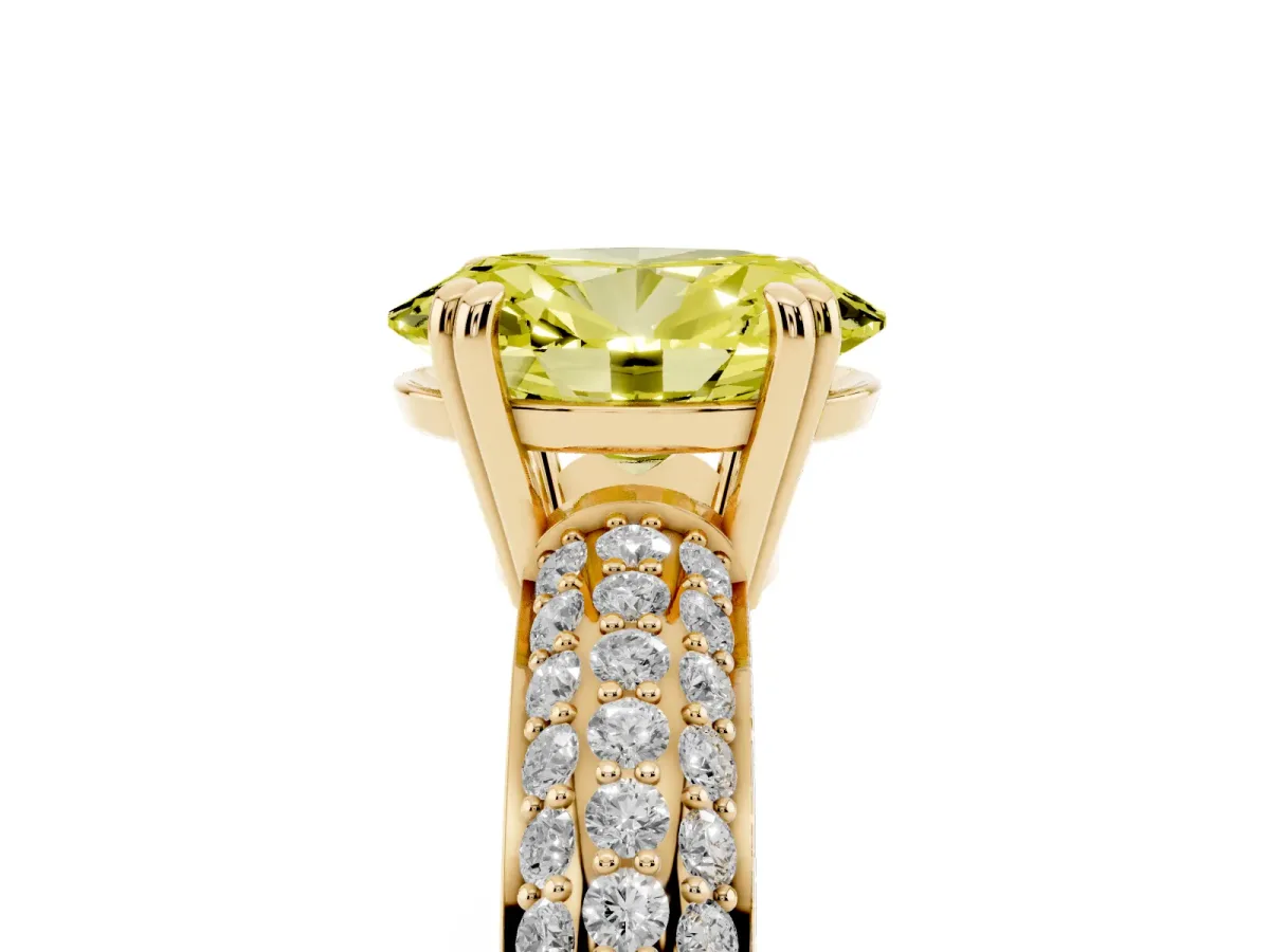 Fancy Yellow Oval Cut Diamond Solitaire Ring with Multi-Row Round Pavé Band and Prong Setting Yellow gold