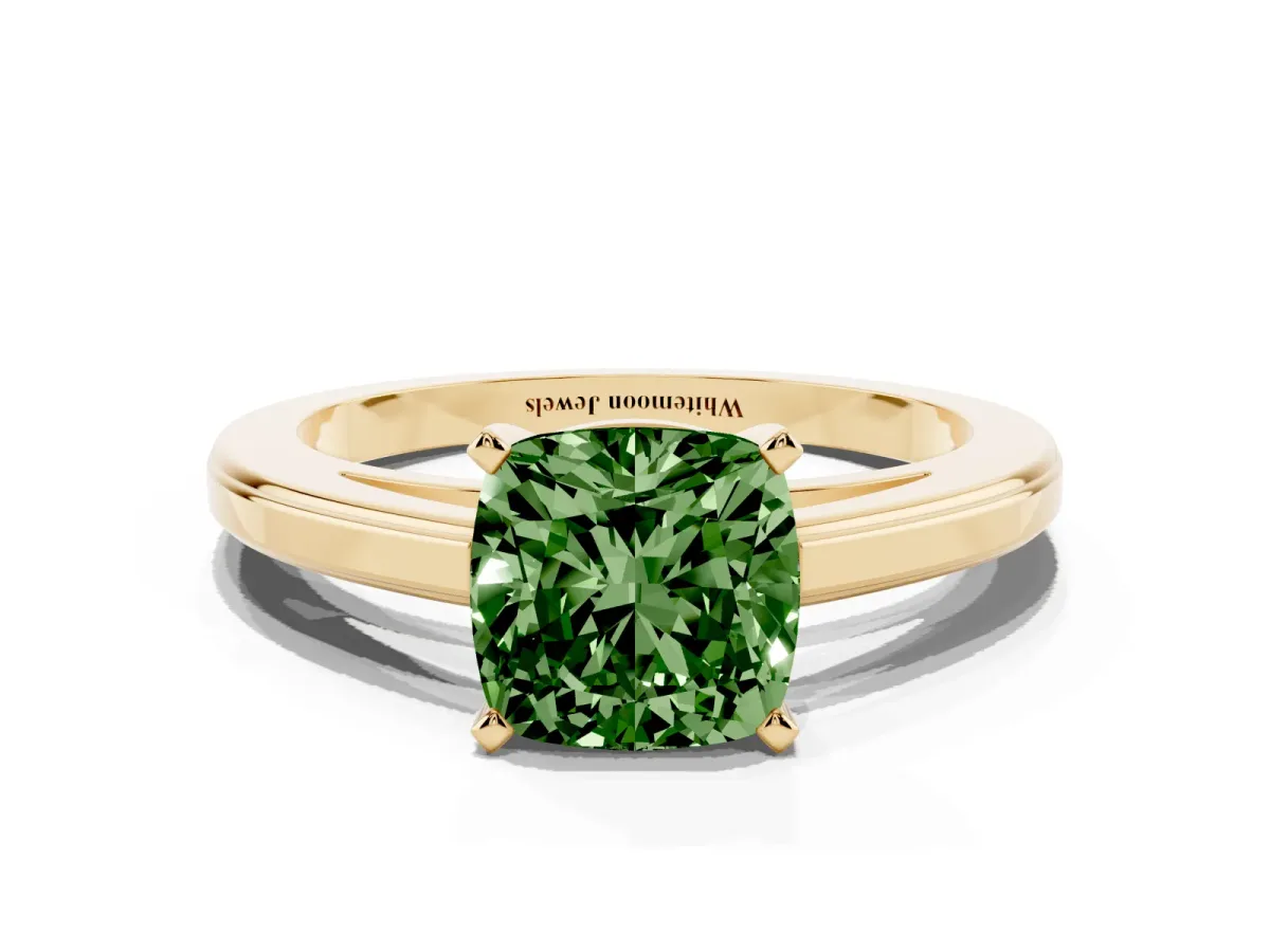 Fancy Green Cushion Cut Solitaire Diamond Ring with Four-Prong Setting and Classic Band Yellow gold