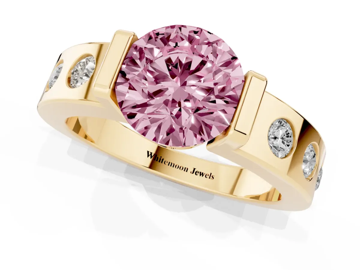 Fancy Pink Round Cut Brilliant Channel-Set Diamond Ring with Bezel Prong Setting Yellow gold
