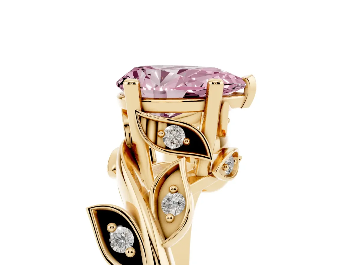 Fancy Pink Pear Cut Solitaire Twist Engagement Ring with Leaf Accents and Prong Setting Yellow gold