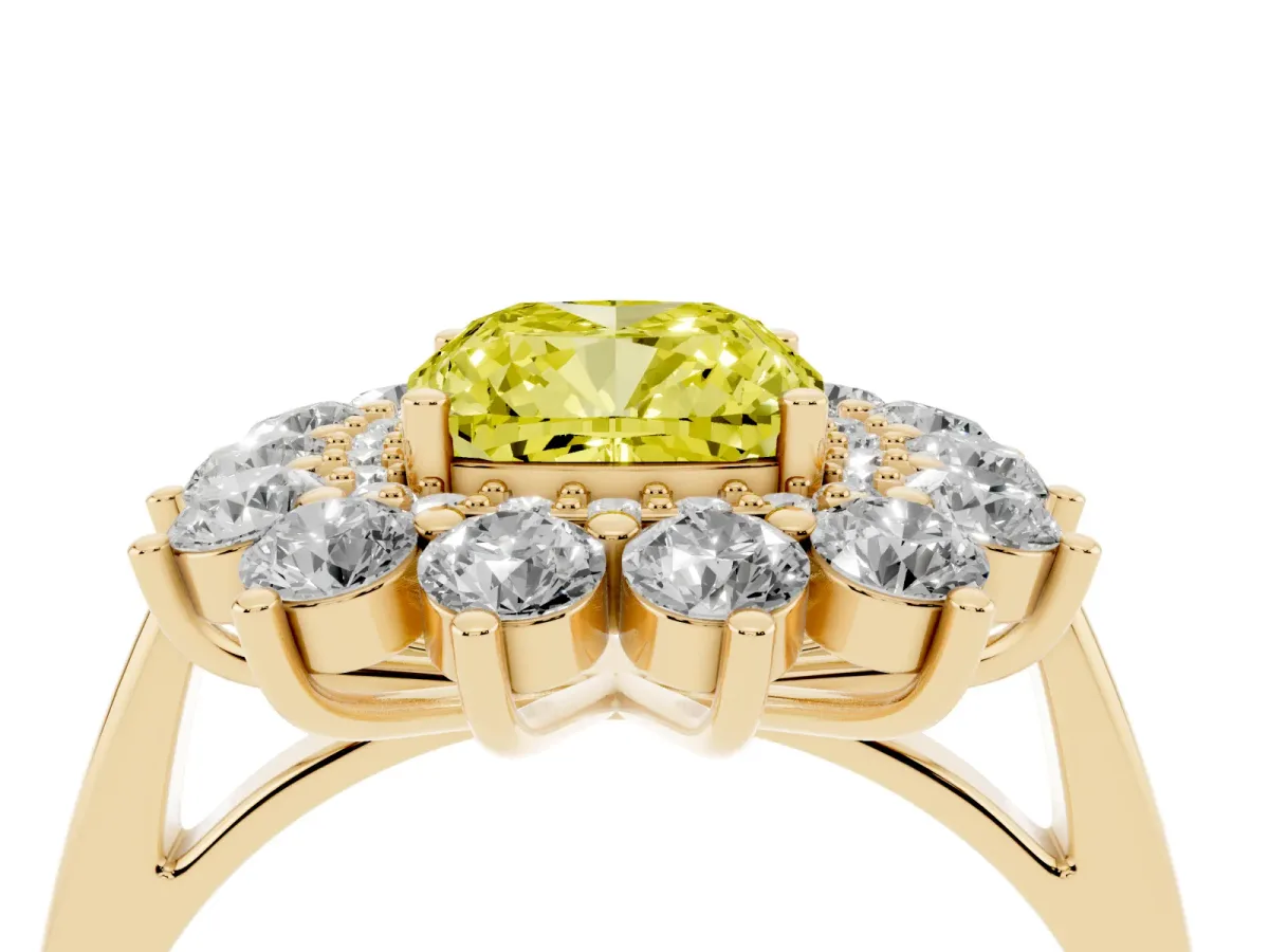 Fancy Yellow Cushion Cut Diamond Floral Double Halo Engagement Ring with Prong Setting Yellow gold