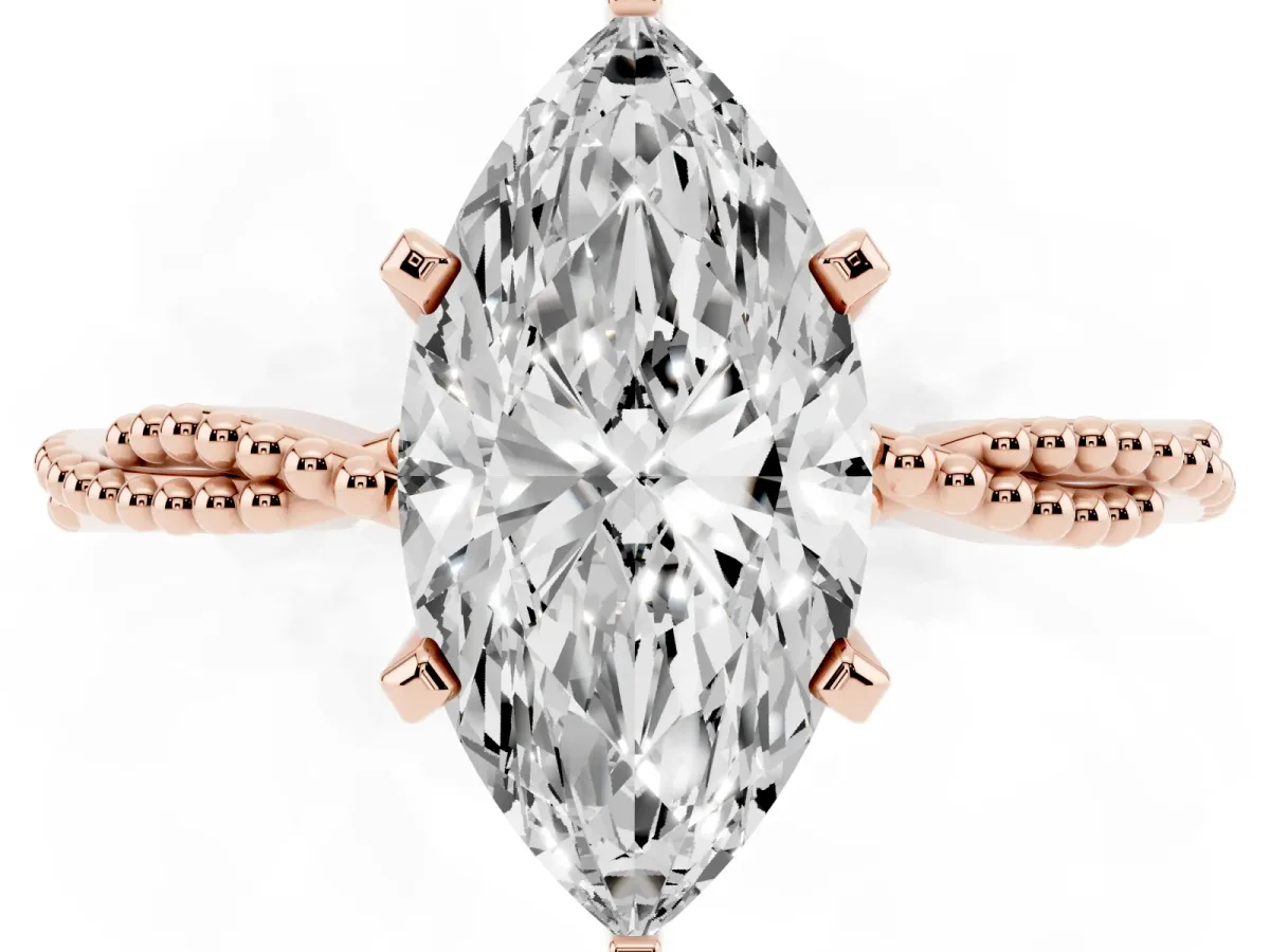 Marquise Cut Solitaire Twisted Band with Bead Prong Setting Rose gold